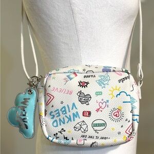 Y2K Doodle Print Emoji Crossbody Purse with Charm, White Blue Multi